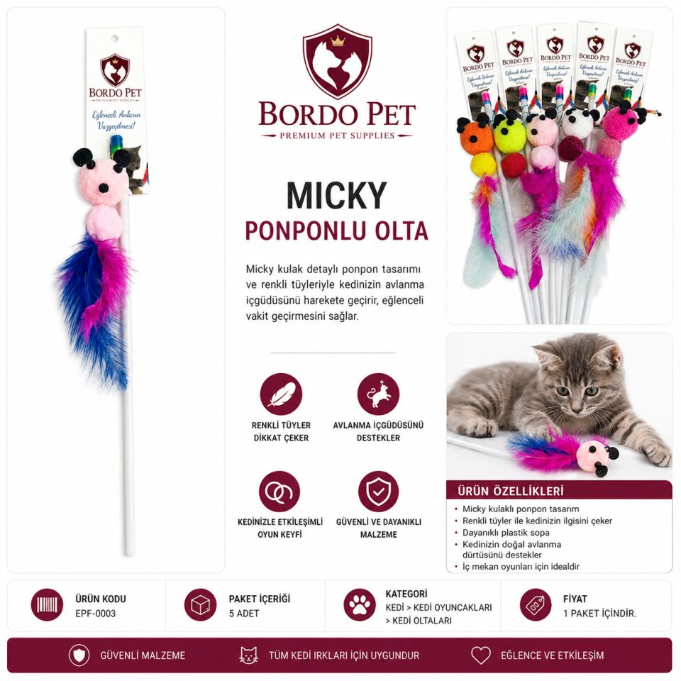 Epf-0003 Bordo Pet Mıcky Ponponlu Olta × 5 Adet