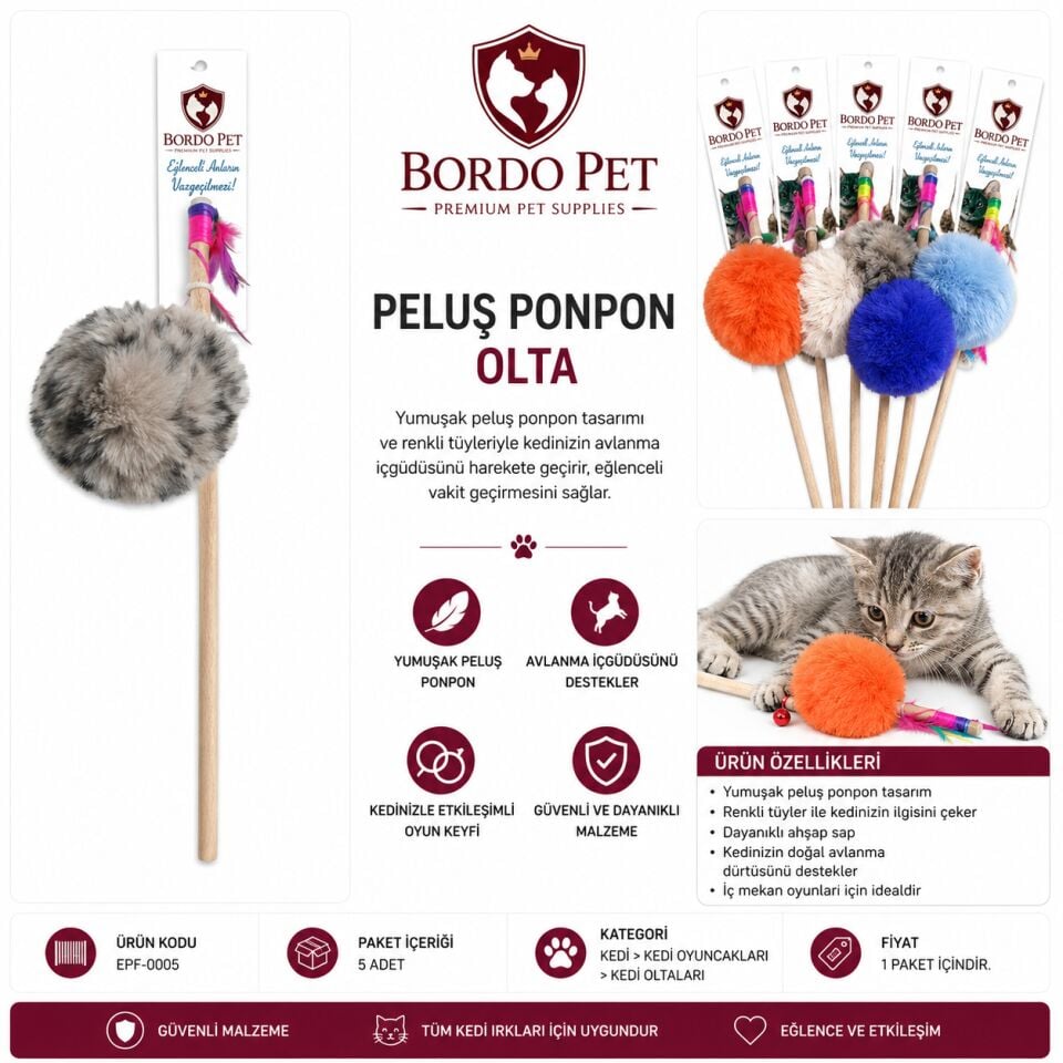Epf-0005 Bordo Pet Peluş Ponpon Olta × 5 Adet
