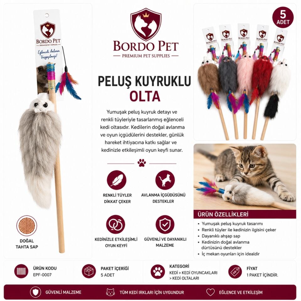 Epf-0007 Bordo Pet Peluş Kuyruklu Olta × 5 Adet