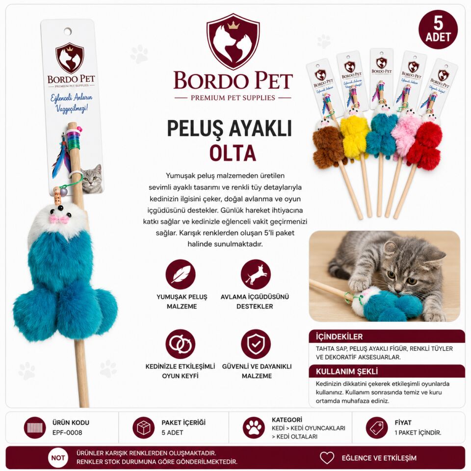 Epf-0008 Bordo Pet Peluş Ayaklı Olta x 5 Adet