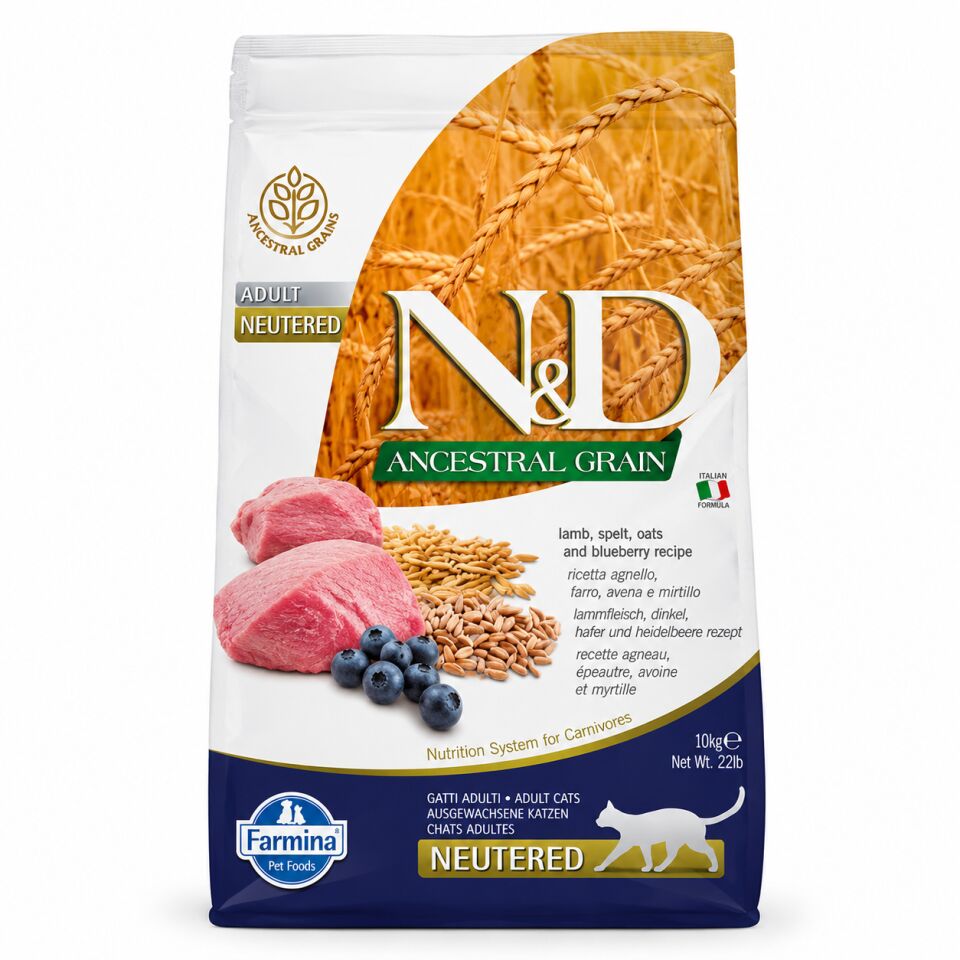 N&D Ancestral Grain Feline Adult Neutered Lamb (Kuzu), Spelt (Kılçıksız Buğday), Oats (Yulaf) & Blueberry (Yaban Mersini) Düşük Tahıllı Kısırlaştırılmış Yetişkin Kedi Maması 10 Kg