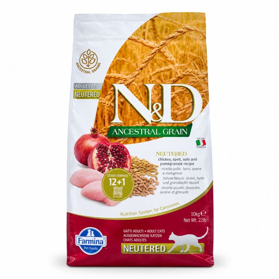 N&D Ancestral Grain Neutered (Kısırlaştırılmış) Chicken (Tavuk) & Pomegranate (Nar) Düşük Tahıllı Yetişkin Kedi Maması 10 Kg