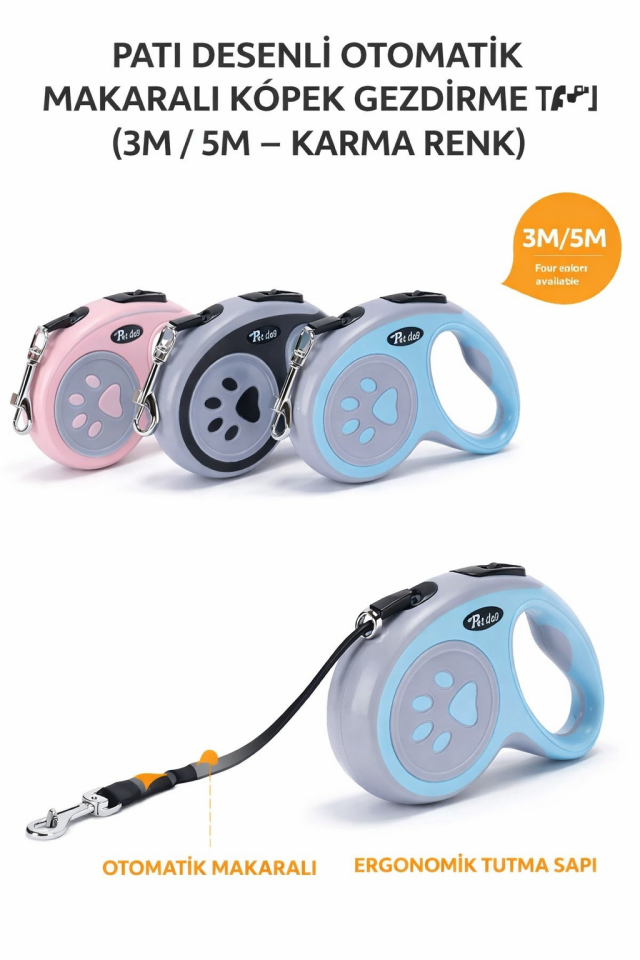 Ergonomik Pati Desenli Lüks Makaralı Otomatik Köpek Gezdirme Tasması 3 M (Karma Renk )