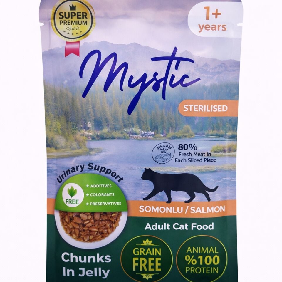 MYSTIC Yetişkin (Adult) Sterılısed Kısır Somonlu (Salmon) Kedi Pouch Jöle İçinde 85 GR (24’lü Paket)