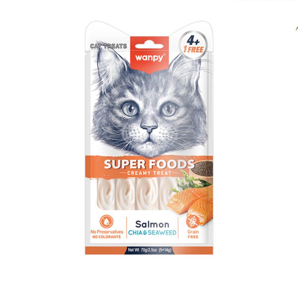 Wanpy Superfood Somonlu Chia Ve Deniz Yosunlu Krema Kedi Ödülü 5x14 Gr ( 12 Paket )