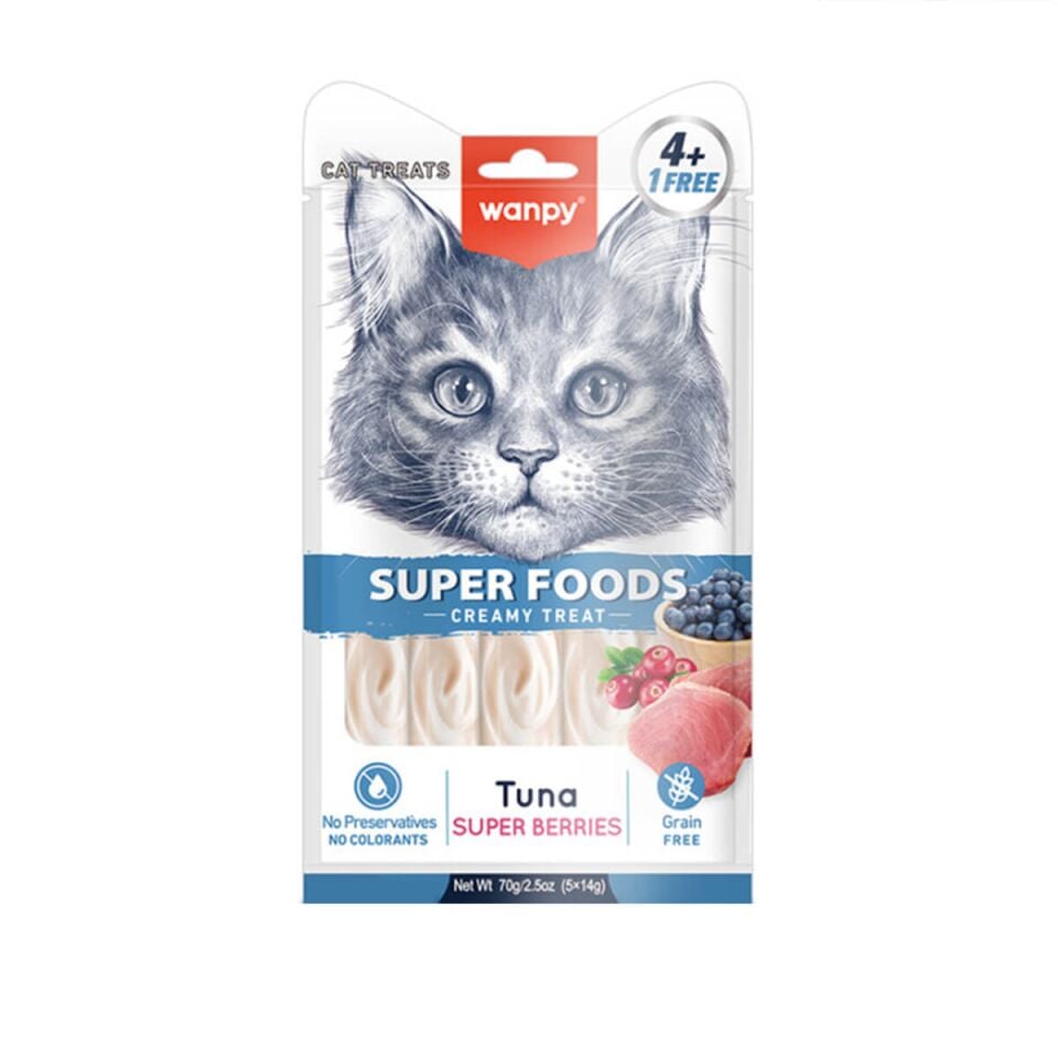 Wanpy Superfood Ton Balıklı Yaban Mersini Ve Kızılcıklı Krema Kedi Ödülü 5x14 Gr ( 12 Paket )