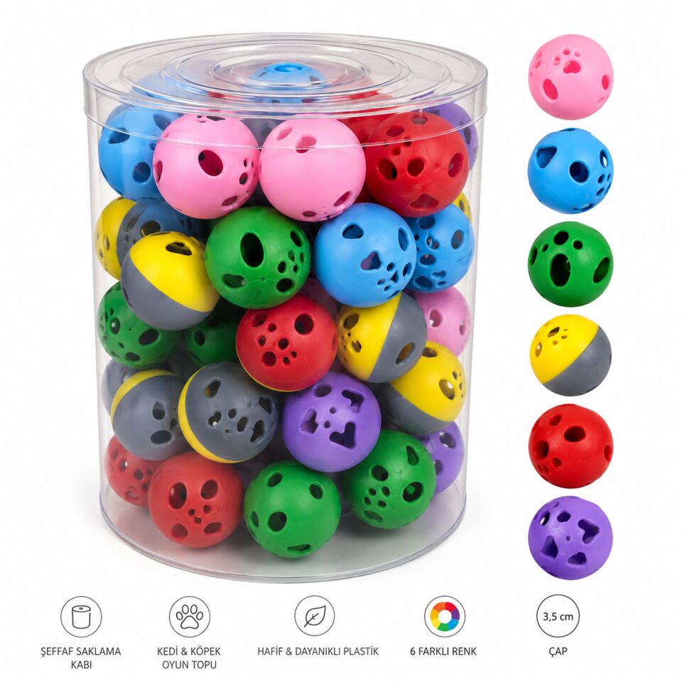 Bordo Pet Pet Butik Renkli Zilli Oyun Topu 60'lı Kova