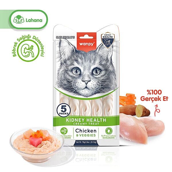 Wanpy Pıwp-101 Kıdney Health Tavuklu & Sebzeli Kedi Kreması 5x14 Gr 12'li