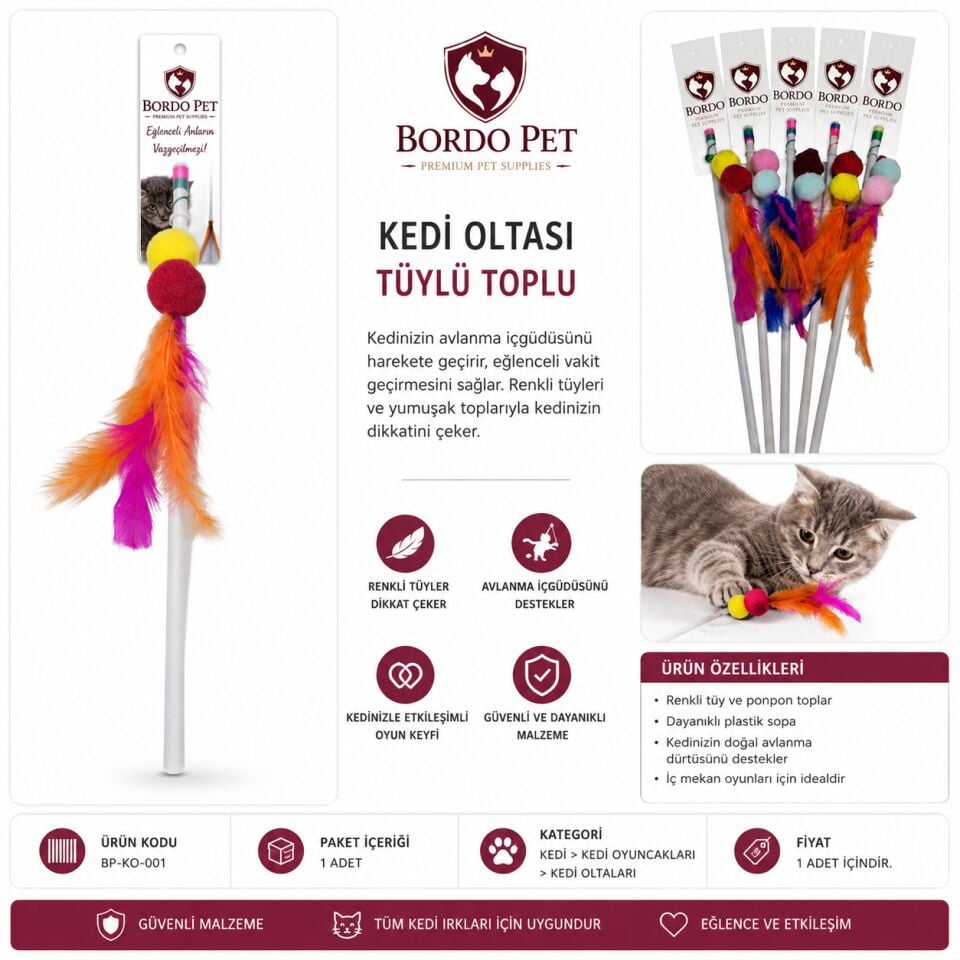 Epf-0001 Bordo Pet Tüylü Toplu Kedi Oltası × 5 Adet