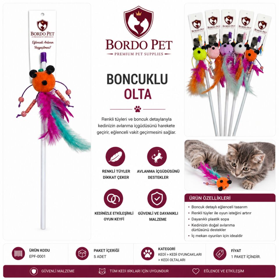 Epf-0002 Bordo Pet Boncuklu Kedi Oltası × 5 Adet